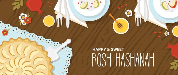Mesa tradicional para Rosh Hashaná, año nuevo judío, cena con símbolos tradicionales. diseño de banner de plantilla de ilustración de vector — Vector de stock