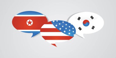 Bize parlak konuşma balonu Amerika, Güney ve Kuzey Kore bayrakları. Kore ilişkiler, işbirliği stratejisi, barış süreci. vektör çizim