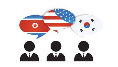 iletişim Kuzey, Güney Kore ve bize Amerika. Bize parlak konuşma balonu Amerika ve Kore bayrakları. Kore ilişkiler, işbirliği stratejisi, barış süreci. vektör çizim