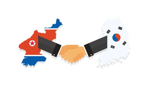 Представители Южной и Северной Кореи пожимают друг другу руки. Корейские мирные переговоры. Флаги Южной и Северной Кореи на карте. векторная иллюстрация — стоковый вектор