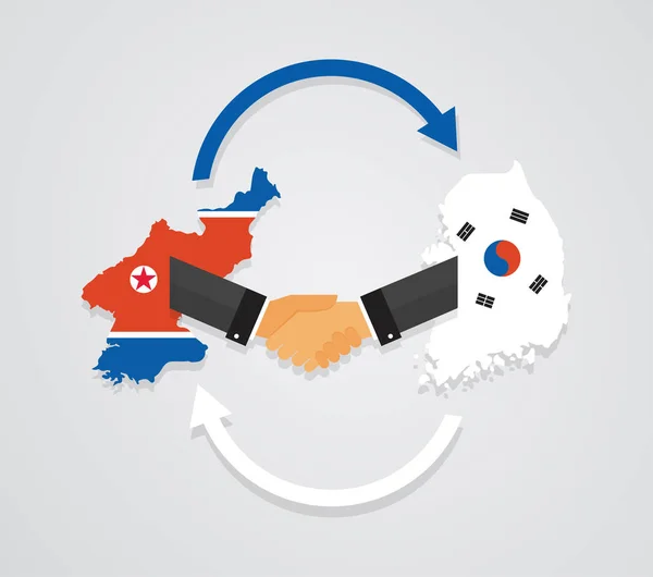 Представители Южной и Северной Кореи пожимают друг другу руки. Корейские мирные переговоры. Флаги Южной и Северной Кореи на карте. векторная иллюстрация — стоковый вектор