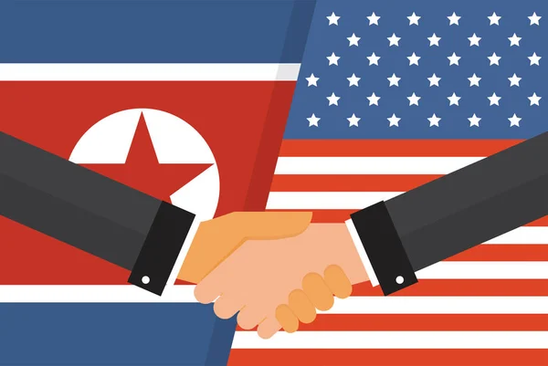 Два политика пожимают друг другу руки перед американскими и северокорейскими флагами. Два флага лицом к лицу, символ отношений между двумя странами. векторная иллюстрация — стоковый вектор