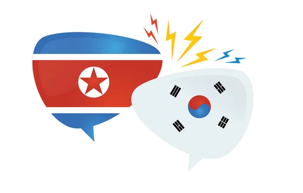 Корейский конфликт. Южный и северный корейские флаги на глянцевом пузыре речи. Концепция азиатского кризиса и конкуренции — стоковый вектор