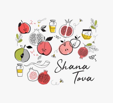 sembollerle Yahudi tatil Rosh Hashana, yeni yıl tebrik kartı. Mutlu yeni yıl, shana tova nimet. vektör çizim şablonu