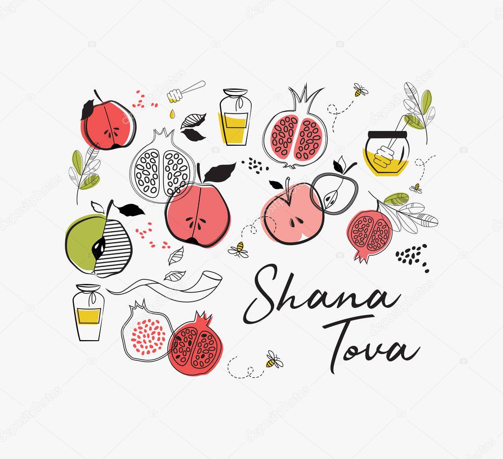 greeting card with symbols of Jewish holiday Rosh Hashana , New Year. blessing of Happy new year, shana tova. vector illustration template