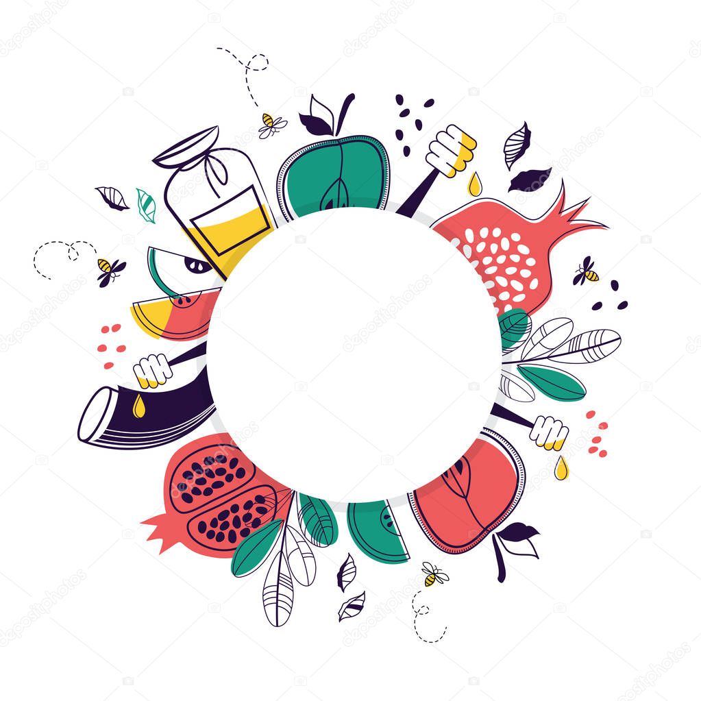 greeting card with symbols of Jewish holiday Rosh Hashana , New Year. place for your text. vector illustration template design