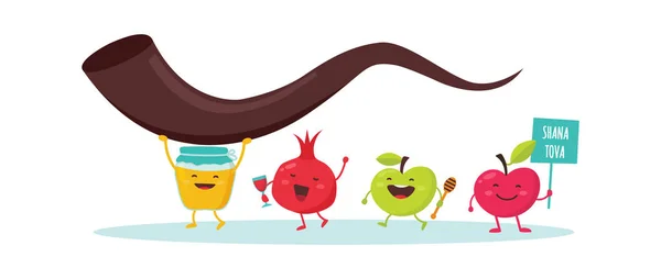 Rosh Hashanah conception de bannière de vacances juive avec pot de miel, pomme et grenade personnages de dessins animés drôles tenant shofar, corne juive. Illustration vectorielle — Image vectorielle