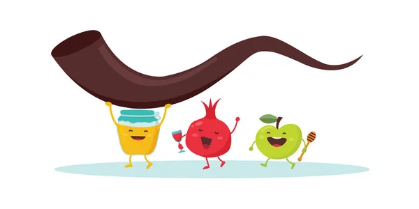 Rosh Hashanah diseño de banner de fiesta judía con tarro de miel, manzana y granada divertidos personajes de dibujos animados con shofar, cuerno judío. Ilustración vectorial — Vector de stock