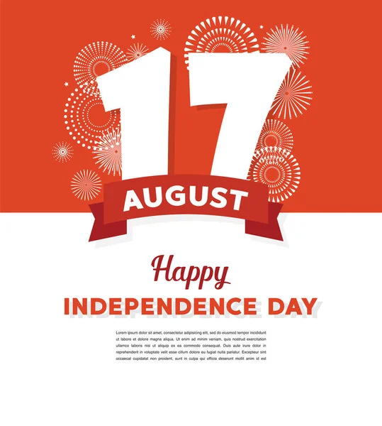 17 août. Indonésie Happy Independence Day carte de vœux et affiche. feux d'artifice sur fond drapeau indoonésien — Image vectorielle