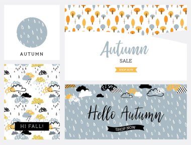 Sanatsal yaratıcı sonbahar kart dizisini. Tasarım poster, kart, davet, afiş, broşür, el ilanı için. Vektör şablonları.