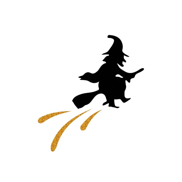 Golden brilho silhueta bruxa ícone plana. Elemento de design de férias de Halloween. Silueta de bruxa. Dia das Bruxas. Convite para festa . —  Vetores de Stock