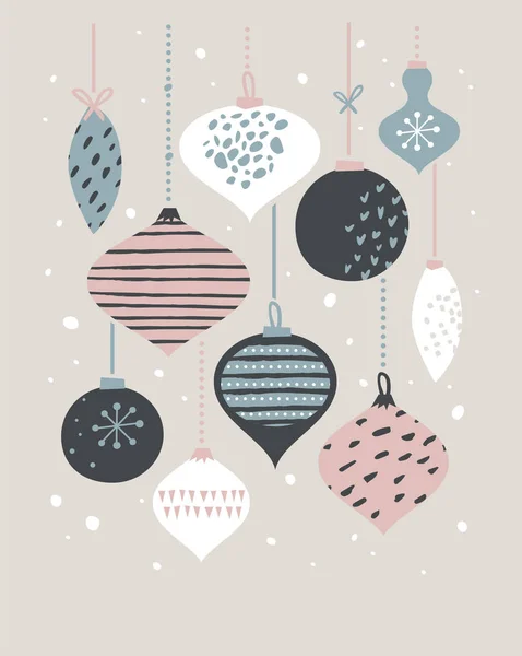 Poster de Noël et modèle de carte avec boules de Noël rétro aux couleurs pastel. joyeux Noël illustration — Image vectorielle