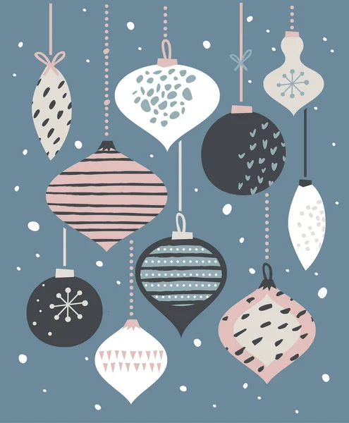 पेस्टल रंगों में रेट्रो क्रिसमस बॉल्स के साथ क्रिसमस पोस्टर और कार्ड टेम्पलेट। मुबारक क्रिसमस चित्रण — स्टॉक वेक्टर