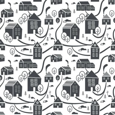 Kuzey kasaba. Kış, yeni yıl ve Noel Tema için seamless modeli. Yaratıcı. Elle çizilmiş Noel arka plan. Vektör çizim