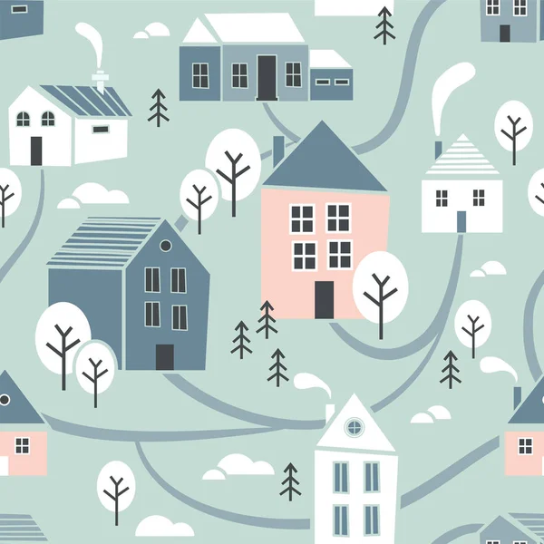 Città del Nord. Modello senza soluzione di continuità per l'inverno, Capodanno e Natale tema. Creativo. Sfondo natalizio disegnato a mano. Illustrazione vettoriale — Vettoriale Stock