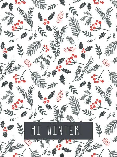 Weihnachtsposter, Flyer oder Grußkarte. Weihnachtsmuster mit Zweigen, Blüten, Blättern auf weißem Hintergrund. Vektorillustration — Stockvektor