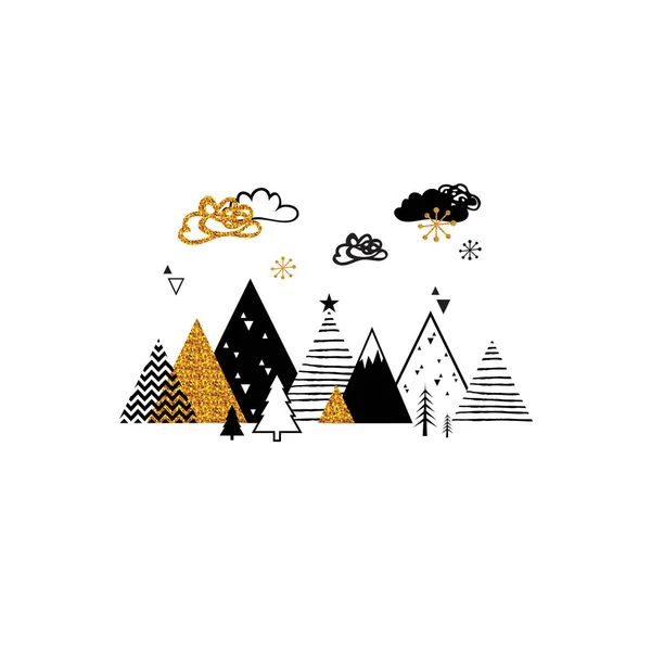 Goldene abstrakte Weihnachtswinterszene. Weihnachten Winterlandschaft Hintergrund im skandinavischen Stil. abstrakte Vektorillustration — Stockvektor