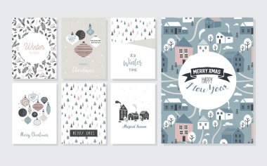 Noel poster ve tebrik kartları retro tarzı. Pastel renkler, kış manzarası ve rahat ev Noel topları. merry christmas illüstrasyon