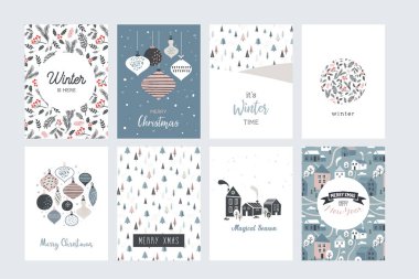 Noel poster ve tebrik kartları retro tarzı. Pastel renkler, kış manzarası ve rahat ev Noel topları. merry christmas illüstrasyon