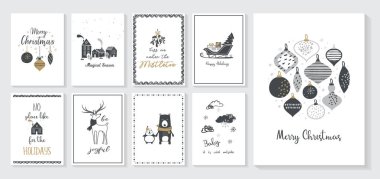 Noel poster ve tebrik kartları retro İskandinav tarzı. Pastel renkler, kış manzara ve rahat evler ve daha Noel topları. merry christmas illüstrasyon