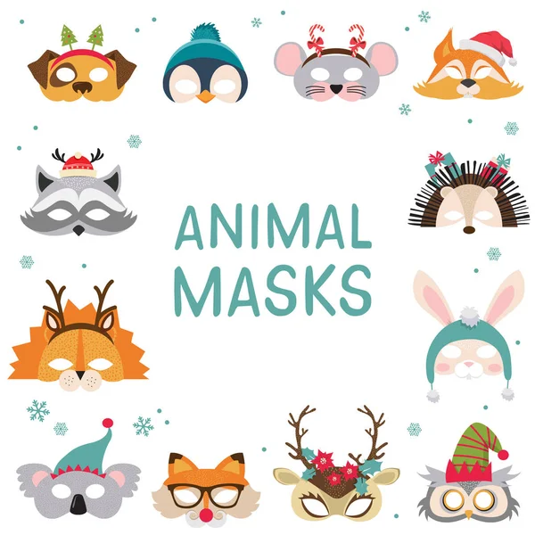 Kolekce zimní zvířete masky a Christmas photo booth rekvizity pro děti. Roztomilý kreslený masky a prvky pro stranu. vektorové ilustrace — Stockový vektor