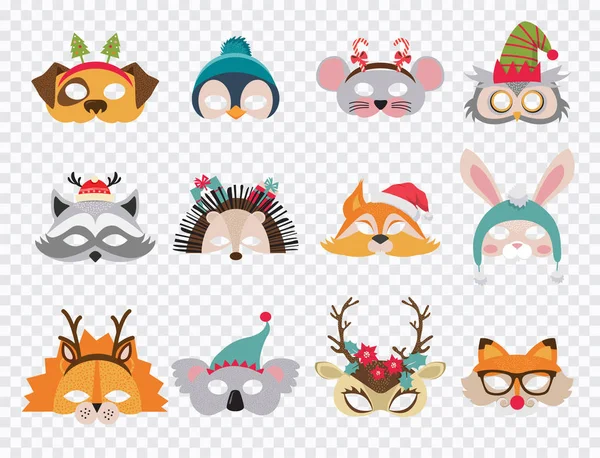 收集冬季动物面具和圣诞照片摊位道具为孩子们。可爱的卡通面具和聚会的元素。向量例证 — 图库矢量图片