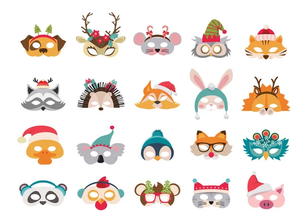 Collection of winter animal masks and Christmas photo booth props for kids. Cute cartoon masks and elements for a party. vector illustration — Stock Vector