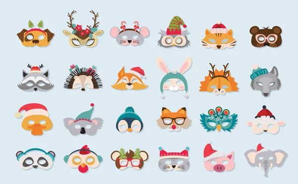 Koleksi topeng hewan musim dingin dan peralatan foto Natal untuk anak-anak. Topeng kartun lucu dan elemen untuk pesta. ilustrasi vektor - Stok Vektor