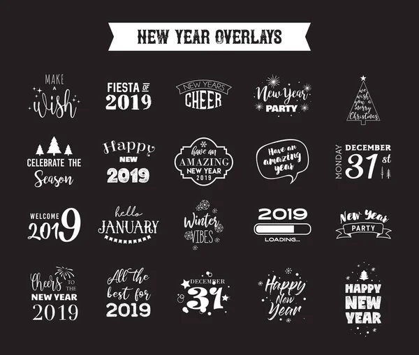 2019年新年快乐排版标志集。矢量徽标, 文字设计。黑色、白色和金色。可用于横幅、贺卡、礼品等. — 图库矢量图片