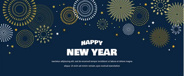 Šťastný nový rok pozadí s zlaté ohňostroje. Zlatá a černá karta a nápisu, slavnostní pozvánky, kalendář plakátu nebo nápisu promo. — Stockový vektor