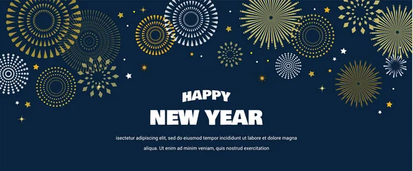 Feliz Año Nuevo Fondo con fuegos artificiales de oro. Tarjeta de oro y negro y pancarta, invitación festiva, cartel del calendario o pancarta promocional . — Vector de stock