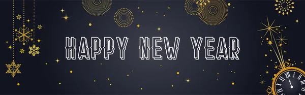 Feliz Ano Novo Fundo com fogos de artifício dourados. Cartão de ouro e preto e banner, convite festivo, cartaz do calendário ou banner promo . — Vetor de Stock