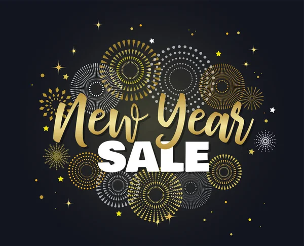 Fondo de banner de venta para la venta de compras de Año Nuevo. Feliz año nuevo venta de letras en el cielo lleno de fuegos artificiales de oro. Diseño con para tienda en línea web o tienda oferta promocional — Archivo Imágenes Vectoriales