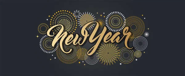 Feliz Ano Novo banner com fogos de artifício dourados. Cartão de ouro e preto e banner, convite festivo, cartaz do calendário ou banner promo . —  Vetores de Stock
