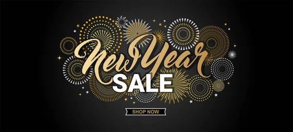 Gelukkig Nieuwjaar Koop banner. vectorillustratie met Fireworks zwarte achtergrond. Vector vakantie ontwerp voor Premium wenskaart, uitnodiging, online webwinkel of winkel promo aanbieding — Stockvector