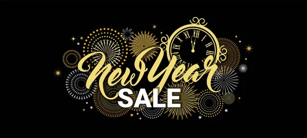 Happy New Year Sale Banner Illustration Fireworks Black Background Vector — Stock Vector