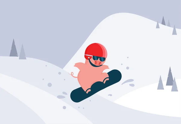 Cerdo de dibujos animados en snowboard, una máscara y un casco. Escena de invierno y actividad deportiva de invierno. El cerdo como símbolo del Año Nuevo. ilustración vectorial — Vector de stock