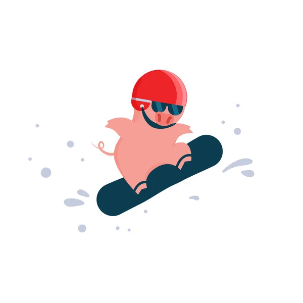 Porco de desenho animado em um salto em um snowboard, uma máscara e hemlet. Actividades desportivas de Inverno. Símbolo do Ano Novo. Excelente para o design de cartões postais, cartazes, adesivos e assim por diante . —  Vetores de Stock