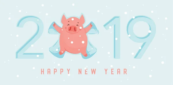 Cochon d'hiver mignon faire ange de neige. Bonne année 2019, année d'un cochon. Illustration vectorielle. Excellent pour la conception de la carte postale, affiche, autocollant, bannière et ainsi de suite . — Image vectorielle