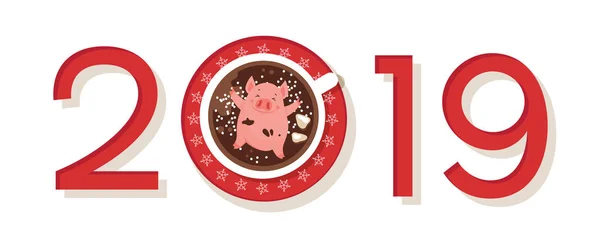 有趣的快乐新年2019年贺卡, 一年的猪。可爱的小猪在一杯冬季饮料寒意。优秀的设计明信片, 海报, 贴纸和横幅。向量例证 — 图库矢量图片