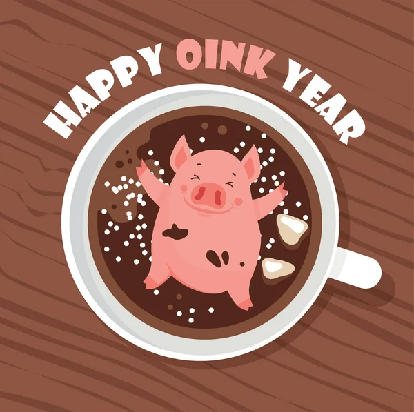 Lindo y divertido Feliz Año Nuevo tarjeta de felicitación, año de un cerdo. Lindo cerdito que se enfría en una taza de bebida de vino. Excelente para el diseño de postales, carteles, pegatinas, pancartas, etc. Ilustración vectorial — Vector de stock
