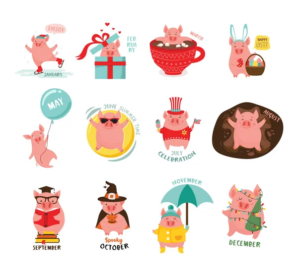 Dibujos animados mensuales lindos cerdos para el calendario 2019. Símbolo del año en el calendario chino. Aislado sobre blanco. Ilustración vectorial . — Vector de stock