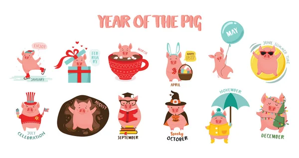 Μηνιαίο δημιουργικό ημερολόγιο 2019 με χαριτωμένος χοίρου. Σύμβολο του έτους στο κινεζικό ημερολόγιο. Κινούμενα σχέδια. Απομονωμένη. Εικονογράφηση διάνυσμα. — Διανυσματικό Αρχείο