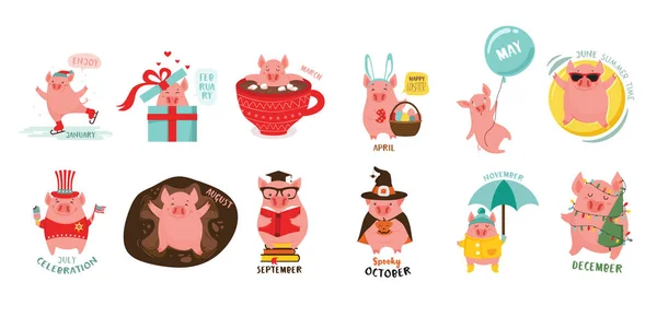 12 söta tecknade svin som representerar 12 månader av året. Kan användas för kreativa kalender 2019. Symbol för året i den kinesiska kalendern. Vektorillustration. — Stock vektor
