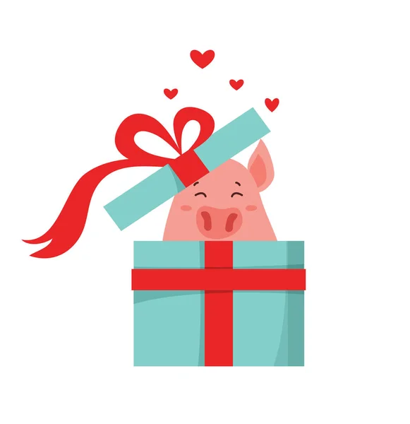 Vector illustration of cute cartoon pig getting out of a present box . Symbol of the new year 2019 for calendar, web, site, greeting card, valentine day poster. Vector illustration — Stock Vector