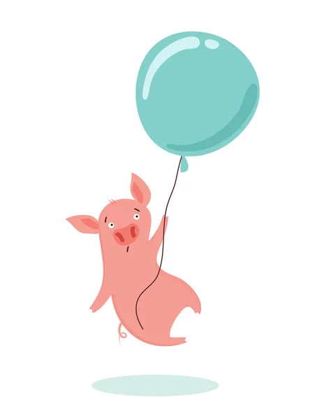 Dulce cerdito asustado está volando en un globo aerostático. Ilustración vectorial — Vector de stock