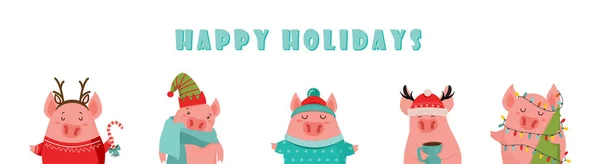 Sevimli kış domuz topluluğu. Yeni yıl 2019. Çince takvim yılında sembolü. Vektör izole illüstrasyon karikatür. Sarı domuz yılı. -Vektör — Stok Vektör