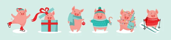 귀여운 겨울 돼지의 컬렉션입니다. 새로운 2019 년입니다. 중국 달력에 있는 년의 상징입니다. 벡터 만화 고립 된 그림. 노란 돼지의 해입니다. -벡터 — 스톡 벡터