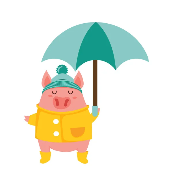 Cute pig in a rain coat and boots holding an umbrella. cute character isolated on white. hello autumn. - vector — Stock Vector