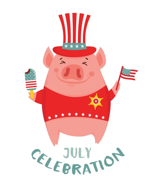 Feliz 4 de julio. Funny pig celebración Día de la Independencia de EE.UU. celebración de un helado y una bandera americana. Tarjeta de felicitación. - Vector — Archivo Imágenes Vectoriales